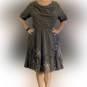 eShakti Grey Dress draped neckline w/blue,black &grey embroidered flowers 2X 22W